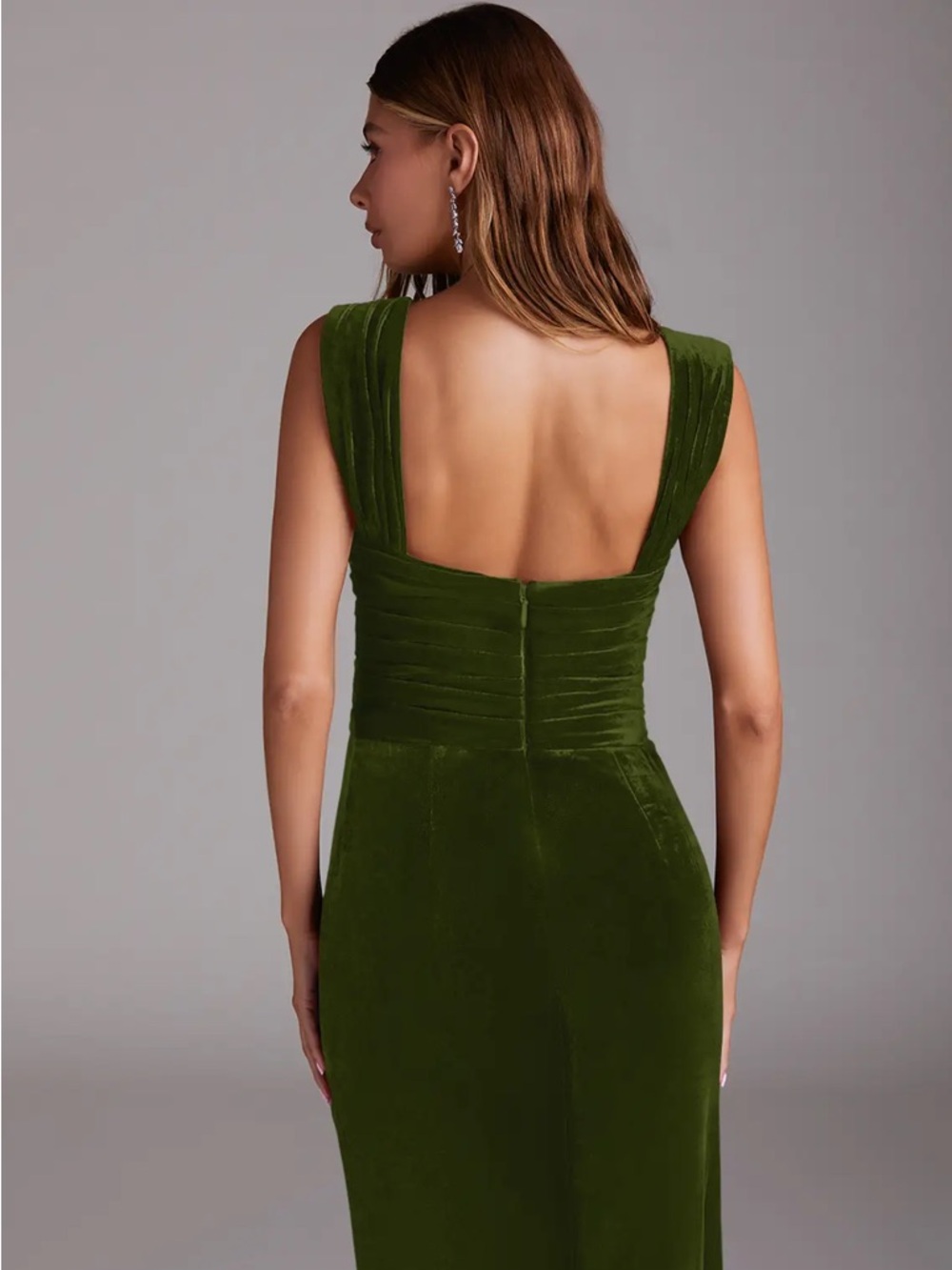 Azazie Genesis Olive Sheath Pleated Velvet Dress, - Picture 2 of 9